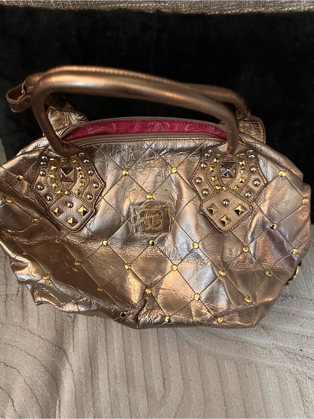 Sharif Metallic Bronze Quilted Studded Satchel